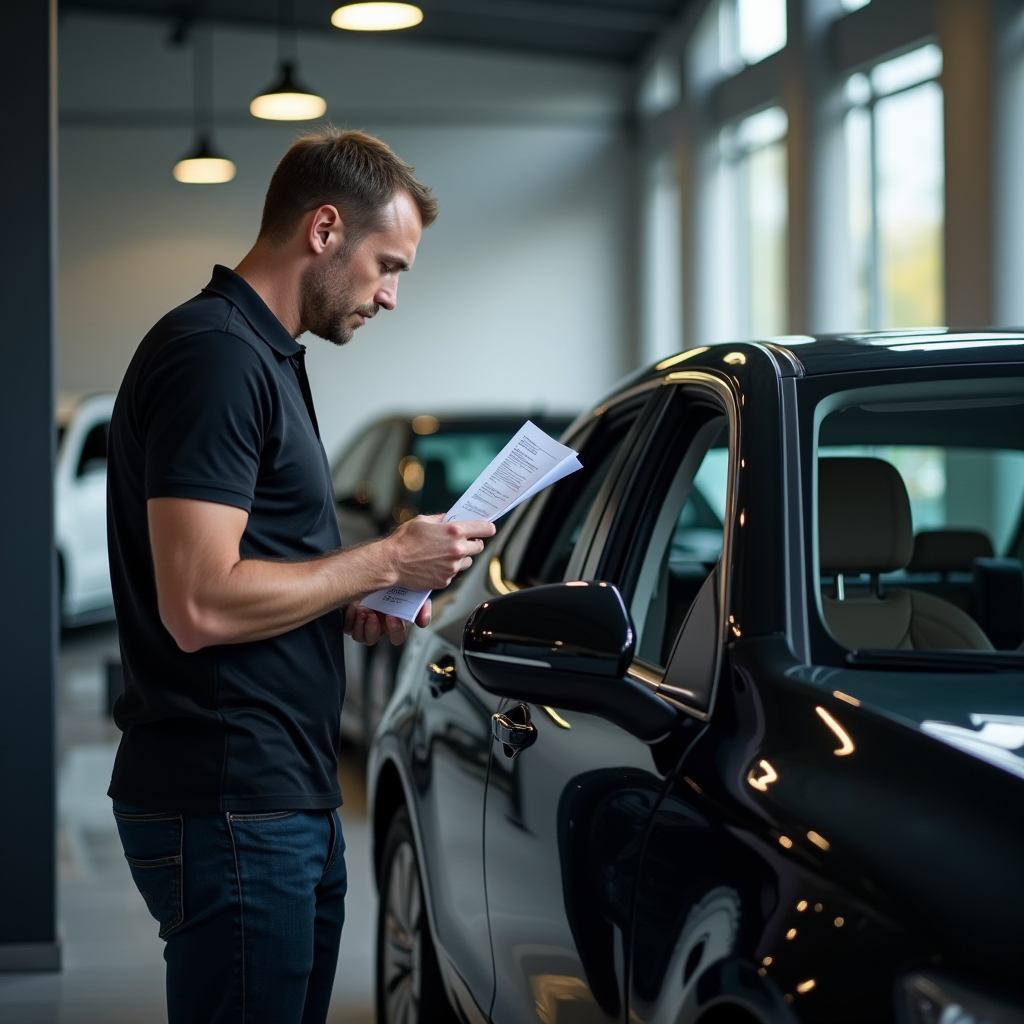 Український покупець ретельно оглядає вживаний автомобіль на майданчику з чек-листом та документами в руках, професійний підхід до вибору авто