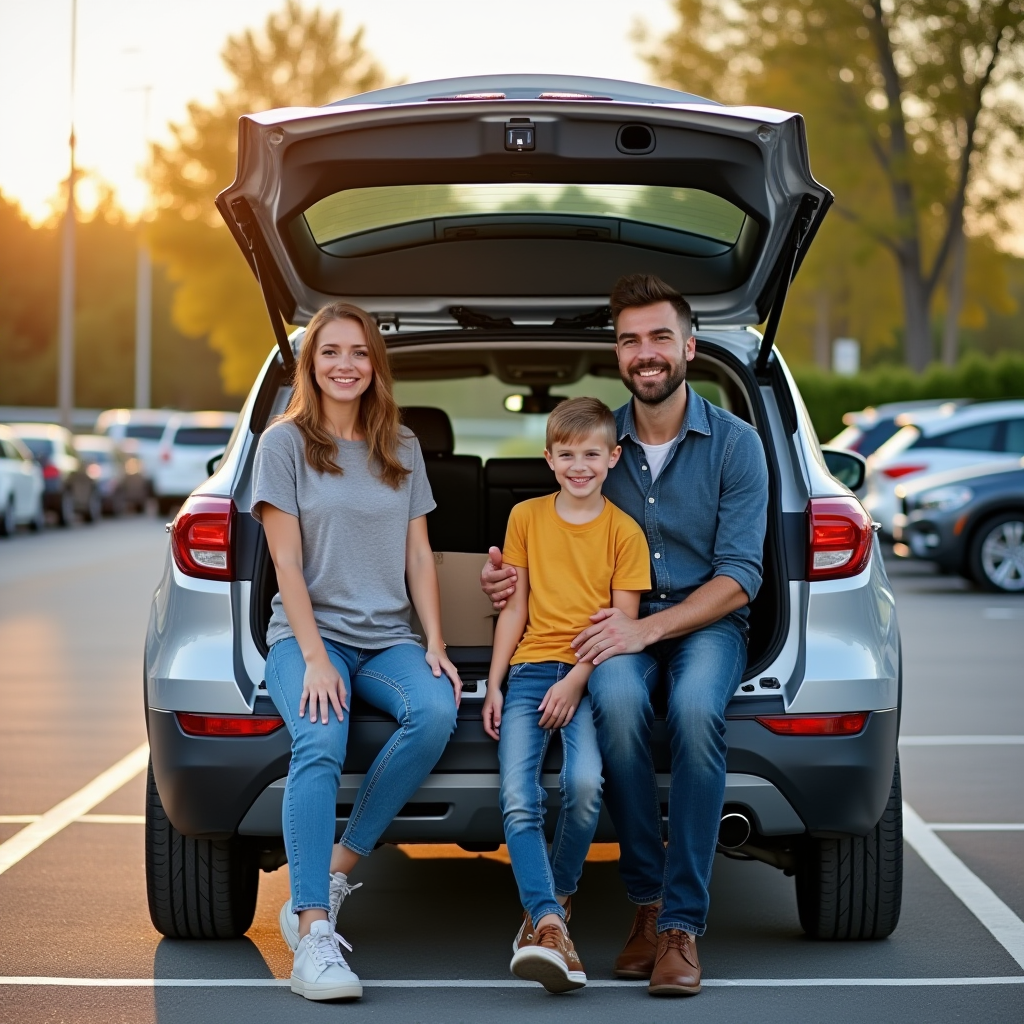 Щаслива українська родина з чотирьох осіб біля сучасного кросовера на сонячній парковці, батьки з двома дітьми посміхаються, відкритий багажник з речами