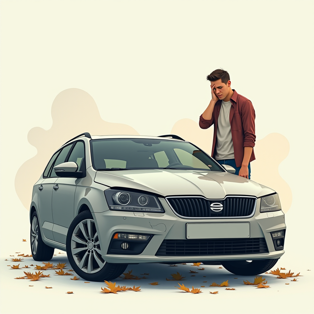 Типові помилки покупців при виборі вживаного автомобіля: розчарований покупець біля автомобіля з прихованими дефектами, ілюстрація поспішних рішень без належної перевірки