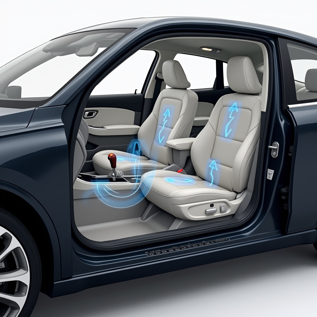 Сучасний інтер'єр автомобіля з позначеними зонами розгортання подушок безпеки, кріпленнями ISOFIX для дитячих крісел, технічна ілюстрація з прозорим накладенням