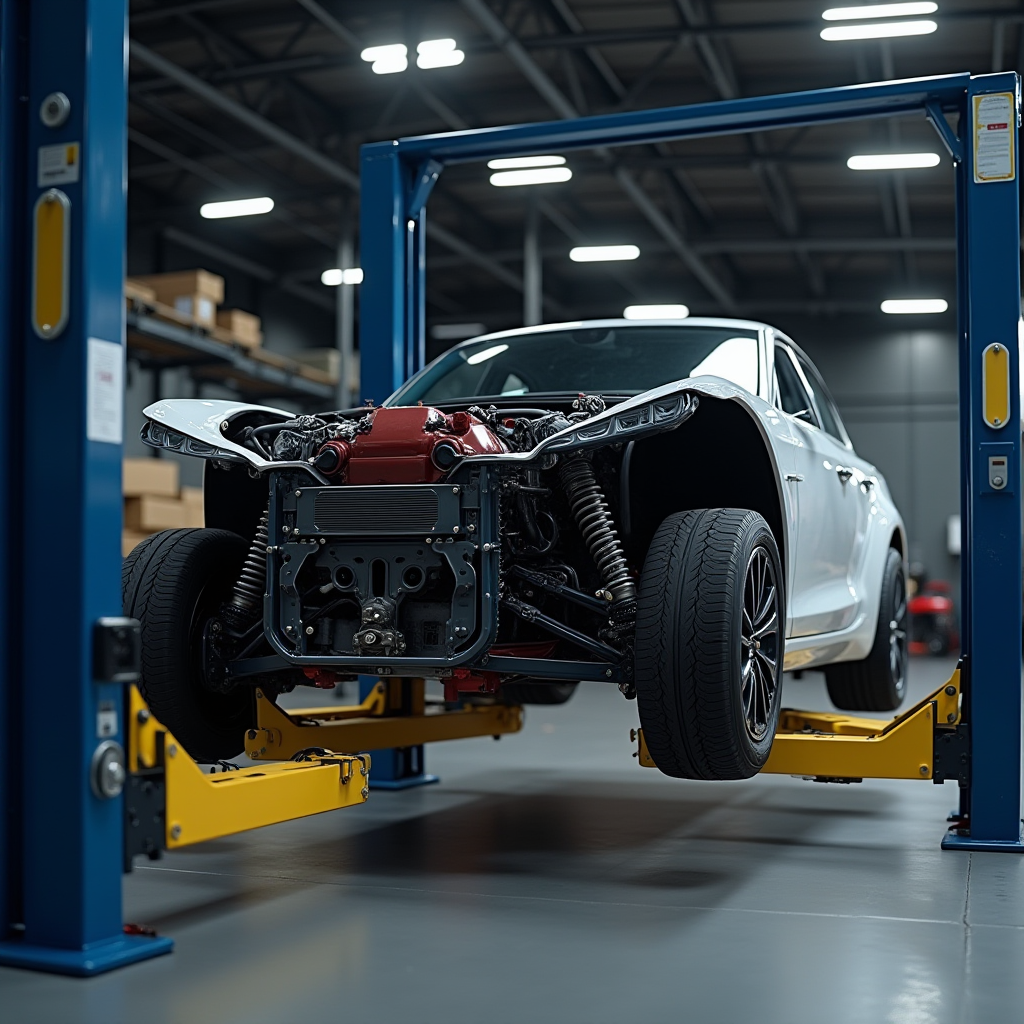 Автомобіль піднятий на гідравлічному підйомнику, демонструючи компоненти підвіски та ходової частини для детальної перевірки