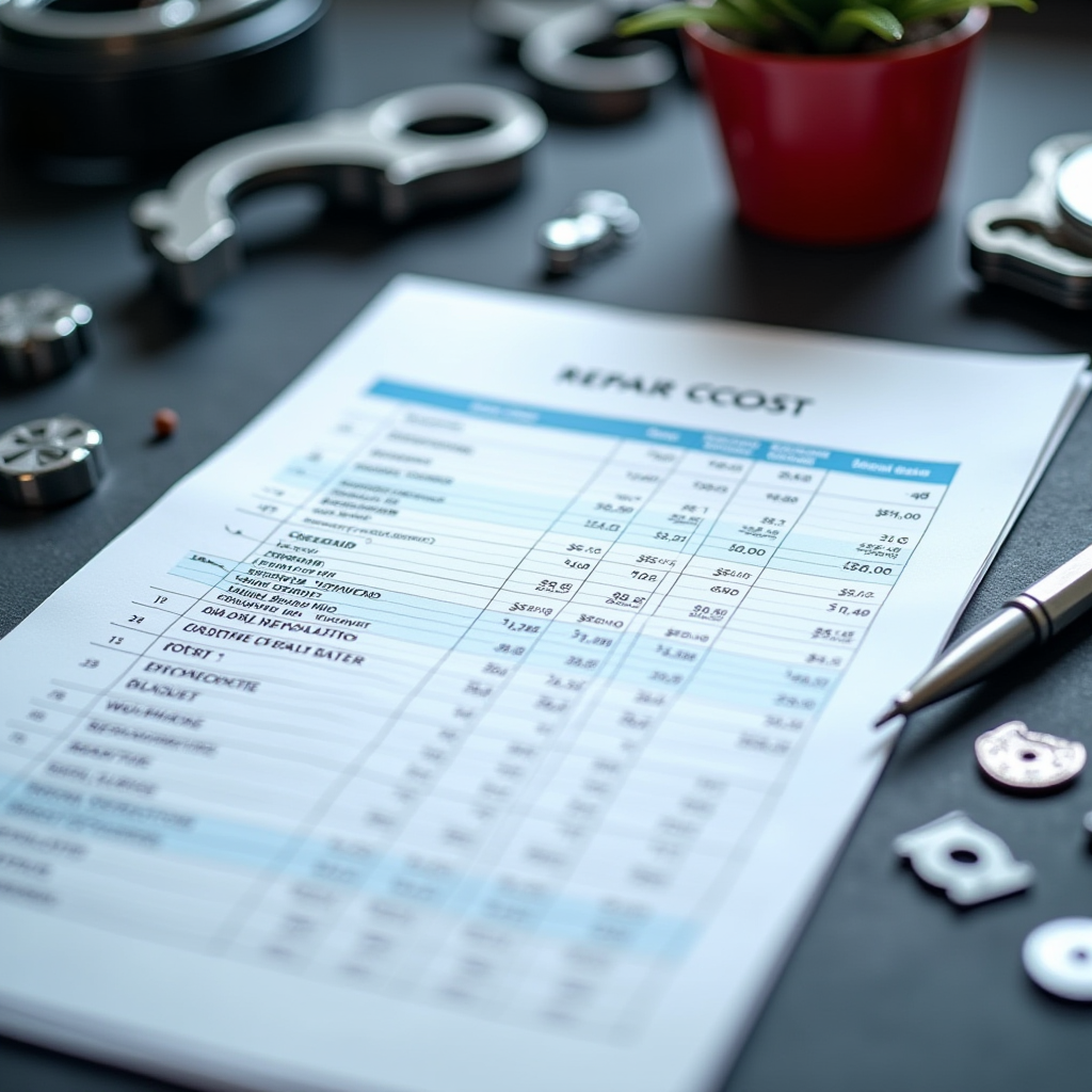 Автомобільні запчастини та розрахунковий лист витрат на ремонт з калькулятором та рахунками, планування бюджету на обслуговування