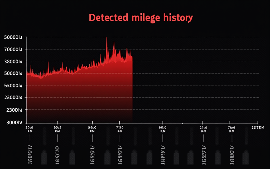 Графік історії пробігу автомобіля з виявленою аномалією, показано червону зону де пробіг зменшився, поруч фотографії зношеного салону автомобіля з великим реальним пробігом