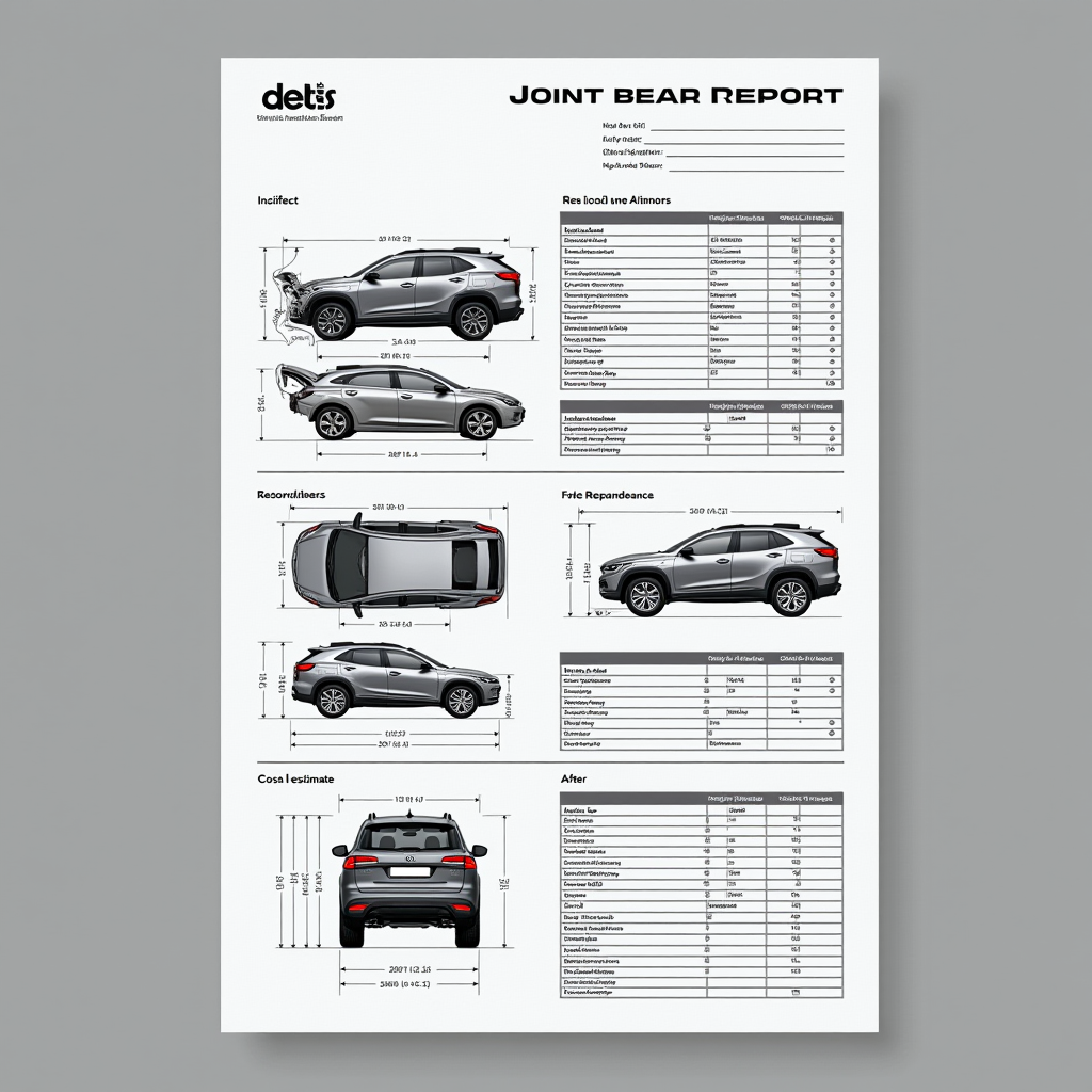 Детальний звіт про ДТП з схематичним зображенням пошкоджень автомобіля, фотографіями до та після ремонту, оцінкою вартості відновлення та датами подій