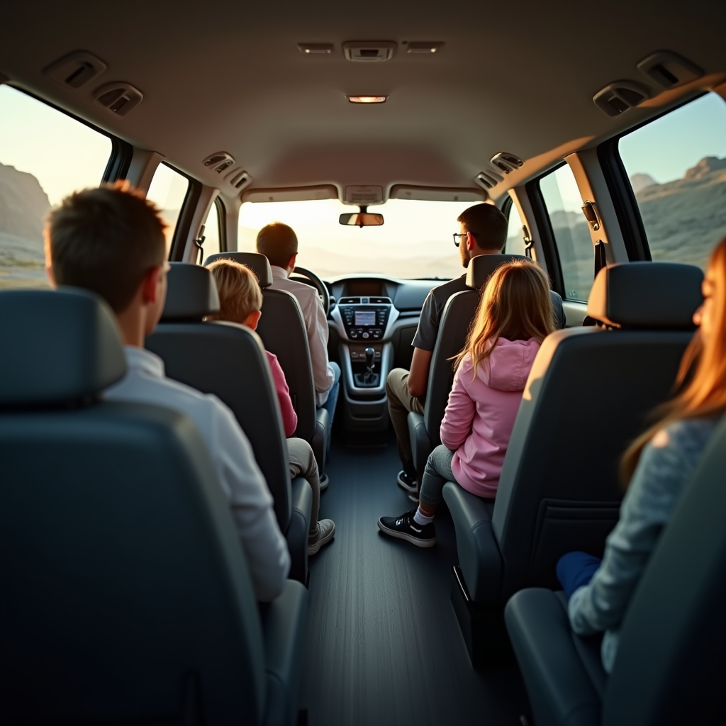 Вид інтер'єру сучасного мінівена з трьома рядами сидінь, просторий салон, родина з дітьми зручно розміщена, природне освітлення, реалістична фотографія