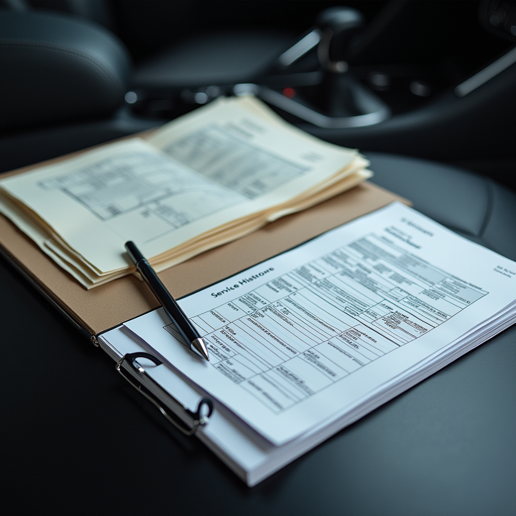 Документи на автомобіль та сервісна книжка на столі для перевірки історії обслуговування та юридичної чистоти
