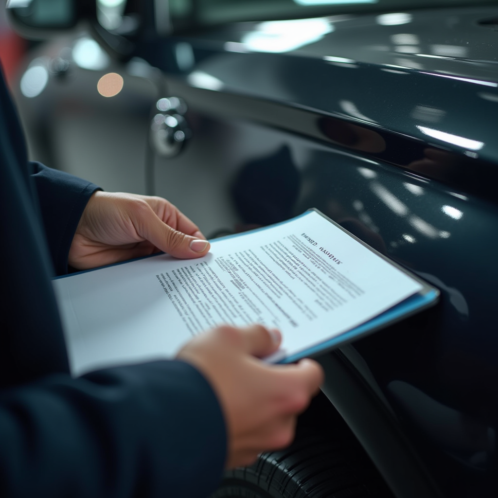 Крупний план рук, що перевіряють VIN-номер на кузові автомобіля та порівнюють з документами, сцена професійного огляду, детальна фотографія