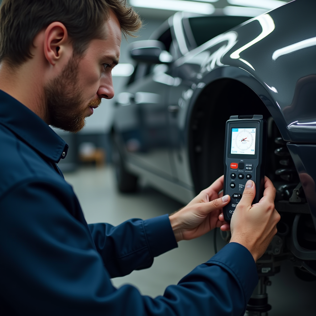 Професійний автомеханік проводить детальну діагностику автомобіля у сервісному центрі, використовує товщиномір для перевірки ЛКП, на підйомнику видно підвіску автомобіля